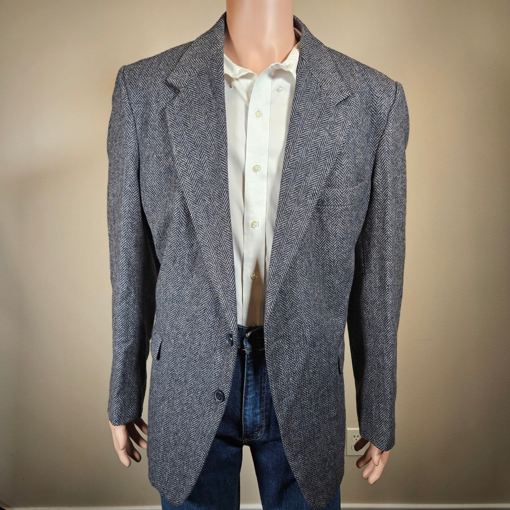 Farah Premier Mens Vintage Herringbone Wool Blazer Grey Blue 46L Sport Coat